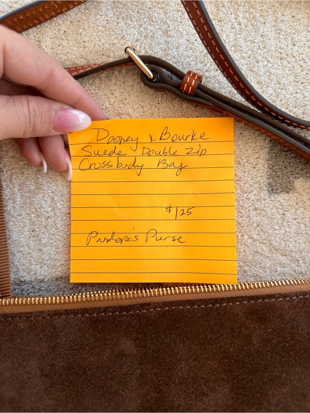 Dooney & Bourke Dark Brown Suede Crossbody Bag with Tan Trim - Picture 5 of 15
